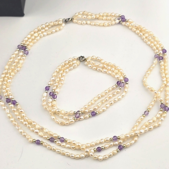 3-Strand Pearl & Amethyst Necklace and Bracelet Set – 18” & 8” - Picture 1 of 7